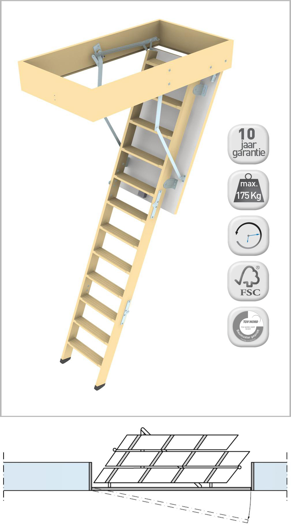 Novoferm Vlieringtrap 3-delig hout Syst.pfd 1320 Okpl: 2700mm